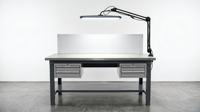 Professional Industrial Metal Workbench with Swing Arm Lamp and Drawers in a Clean Workshop Space