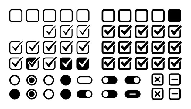 Comprehensive user interface check box and radio button icon set isolated on white background featuring toggles checklists tick marks cross and minus signs for digital application layouts