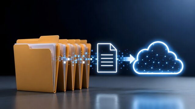 Cloud computing data migration process transferring physical folder documents into secure network storage for digital transformation.