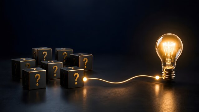 Business innovation problem solving strategy transforming question mark cubes into glowing lightbulb solution for strategic discovery.