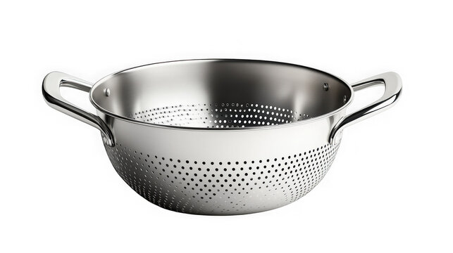 Colander made of stainless steel with side handles stands isolated on a plain white background for kitchen design.