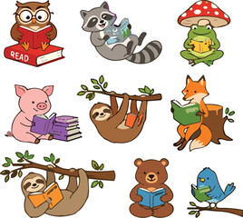 Obraz premium Cute Cartoon Woodland Animals Reading Books Character Set Featuring Owl Sloth Fox Bear and Raccoon for School Libraries Children Education Stickers and Classroom Decor