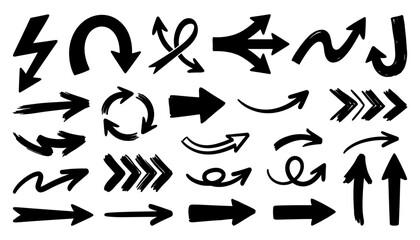 Fototapeta premium Hand drawn black arrow vector icon set isolated on white background featuring sketchy grunge brush strokes curved directional pointers lines and design elements for infographics