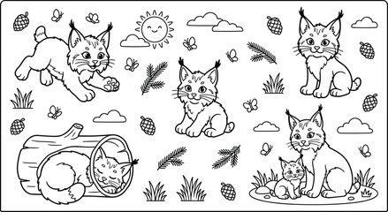 Obraz premium Cute Cartoon Lynx Wildcat Coloring Page and Icon Set with Forest Pinecones Log Fir Branches Butterflies Clouds and Sun Vector Illustrations