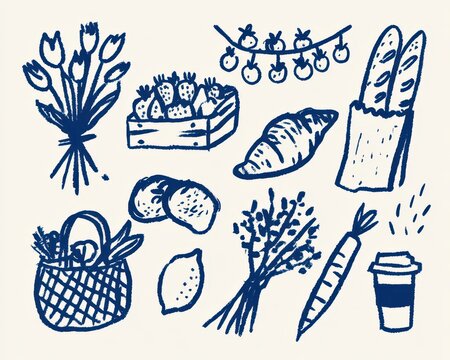 Handdrawn market and picnic elements in blue crayon style, collection of bakery items, flowers, fruit, and shopping basket for lifestyle design