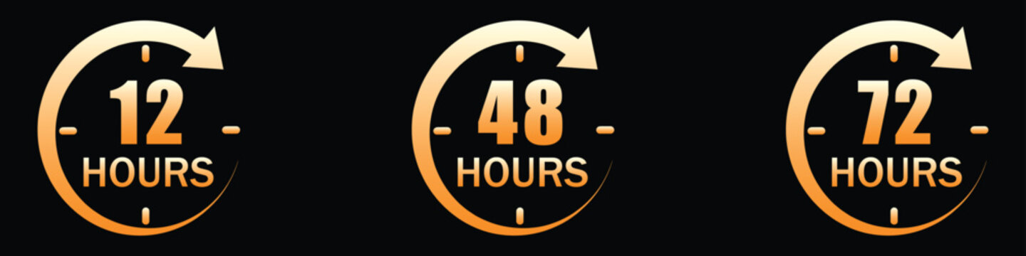 Golden hours clock badge set for express delivery and work turnaround. Vector illustration of 12 48 72 hour timer symbol, luxury gold deadline offer label graphic template.