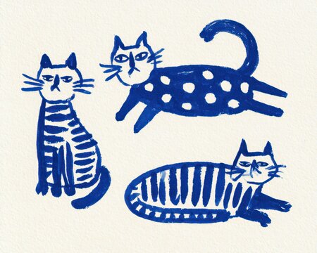 Set of three cute handdrawn cats in blue ink, including a sitting striped cat, a jumping spotted cat, and a lying striped cat, artistic doodle style