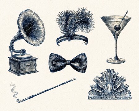 Vintage 1920s art deco style collection featuring a gramophone, feather headband, martini glass, bow tie, smoking pipe, and decorative fan