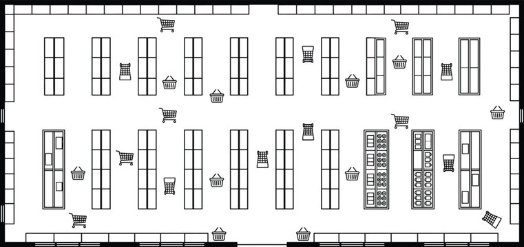 Supermarket floor plan aisle layout, top view store interior, detailed architectural vector illustration blueprint