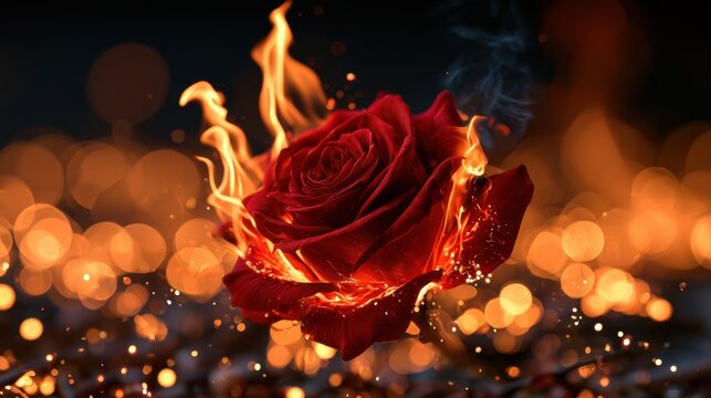 A vivid red rose engulfed in bright flames with glowing sparks and bokeh lights creating a dramatic and fiery atmosphere at night