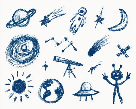 Handdrawn space and astronomy doodle set, including planets, stars, astronaut, telescope, galaxy, comet, satellite, and alien, isolated on white background