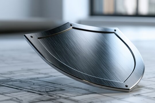 Sleek modern metallic shield with brushed steel texture displayed on architectural blueprint symbolizing protection and security innovation concept