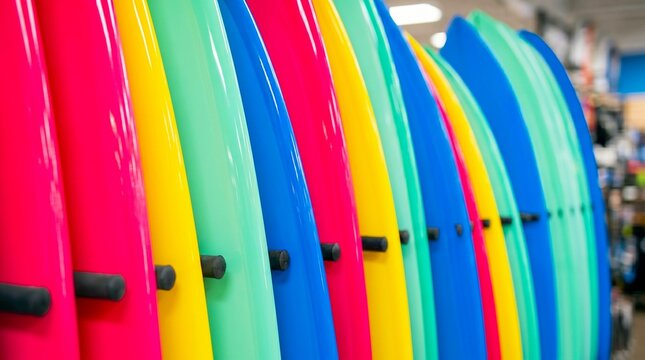 Surfboards, vibrant colorful surfboards displayed in row in retail surf shop, for summer sports and water activities promotion.