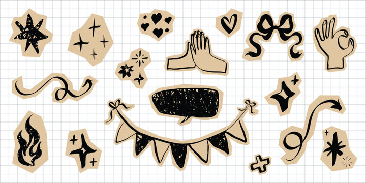 Scrapbook paper cutouts featuring hand drawn hearts, sparkles, and lightning bolts. Y2K aesthetic sticker elements perfect for journals, notebooks, and vintage collages.