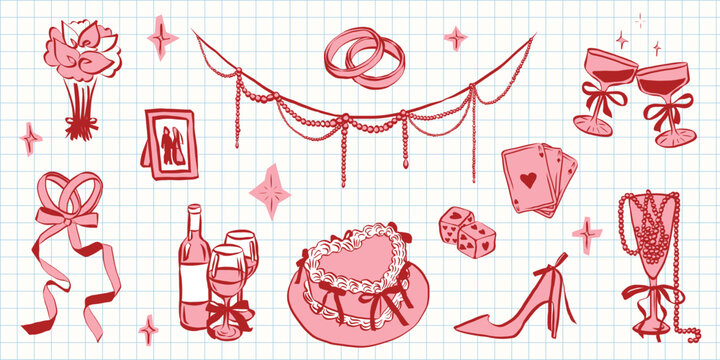 Whimsical coquette wedding elements. Vintage cute symbols with ribbon and bow in simple crayon sketch style. Trendy art for Valentine day and bachelorette invitations. Doodle vector illustration