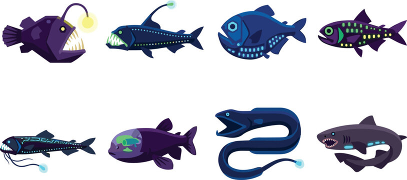 Bioluminescent deep sea fish vector set including anglerfish viperfish hatchetfish barreleye and gulper eel