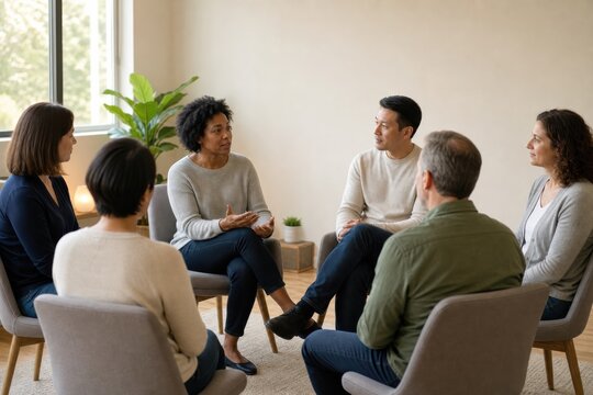 Diverse adults participating in a peer support group session
