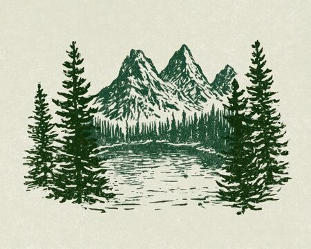 Vintage style illustration of a mountain landscape with pine trees and a lake, handdrawn sketch style with textured green ink effect