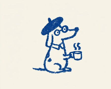 Cute handdrawn doodle of a dog wearing a beret and glasses holding a steaming cup of coffee in a blue crayon sketch style