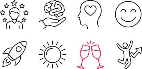 Fototapeta premium Mental health positivity and success line icon set brain emotional intelligence joy rocket celebration growth vector illustration