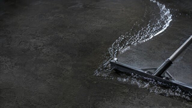 Floor squeegee sweeping water wave on concrete surface