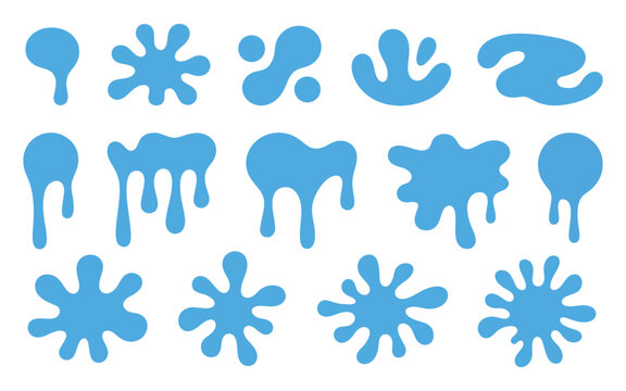 Blue water splash and dripping paint splatter set vector illustration. Liquid blot drop icon collection, slime fluid blob shape silhouette for summer drink logo and graphic design.
