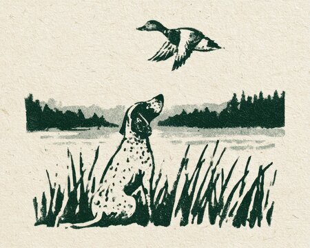 Vintage style linocut illustration of a hunting dog pointing at a flying duck in a marshland landscape