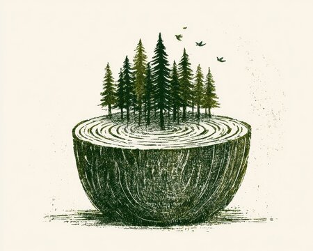 A detailed illustration of a forest of pine trees growing out of a crosssection of a tree trunk, showing growth rings and wood grain texture