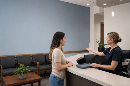 Receptionist greeting patient at medical clinic front desk