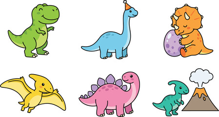 Cute Baby Dinosaur Character Set with Tyrannosaurus Triceratops Stegosaurus Pterodactyl and Volcano for Kids Birthday Party Stickers and Nursery Decor Vector Designs © MstRabeya