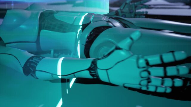 high technology robot factory animation. Quality control and first turn on artificial intelligence