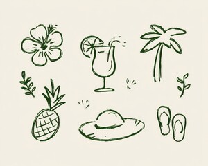 Fototapeta premium Hand drawn tropical summer doodle set with hibiscus flower, cocktail, palm tree, pineapple, sun hat, and flip flops line art illustration