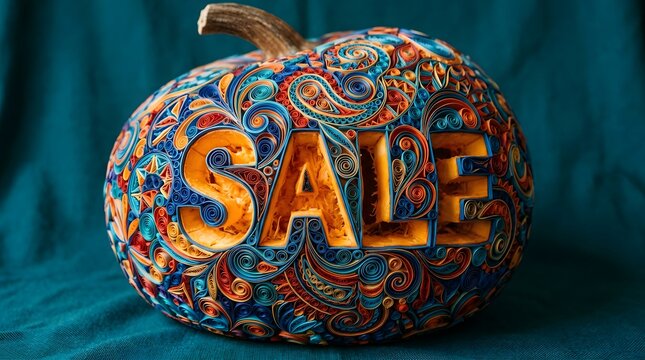 Artistic pumpkin decorated with intricate paper quilling patterns and the word sale carved into the surface