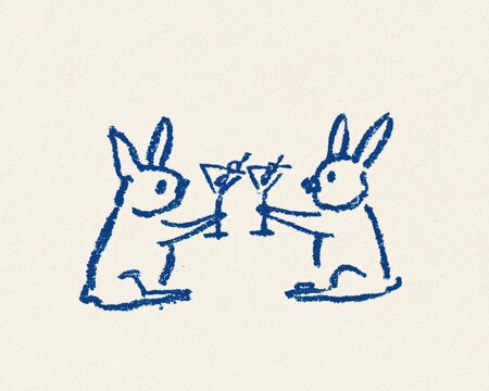 Cute cartoon rabbits toasting with martini glasses, simple hand drawn sketch style illustration of two bunnies clinking glasses
