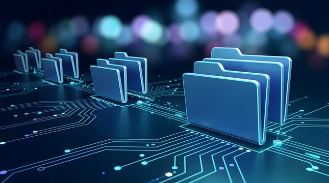 Digital file storage and data management concept with virtual folders on a glowing circuit board