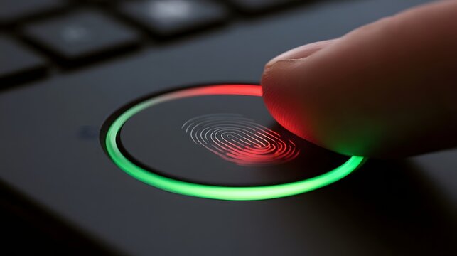 A finger pressing a glowing fingerprint scanner on a sleek black device surface with red and green light indicators