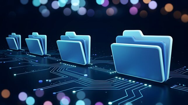 Cyber security and digital archive system concept with glowing file folders on a computer circuit board