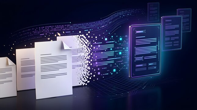 Advanced document digitization and cyber space data processing with flying papers converting into glowing screens
