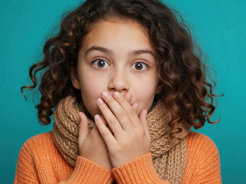 Girl holds hands over mouth looking surprised. Curly hair child wears orange sweater and beige scarf. Kid has wide eyes expressing shock, wonder, or secrecy against teal backdrop.