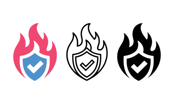 Flame shield icon set with checkmark symbols in different colors and styles