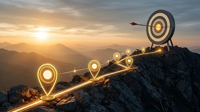 Business goal achievement and strategic journey concept with glowing location pins leading to a target bullseye on a mountain peak at sunset