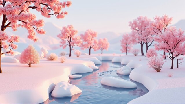 Winter landscape features pink trees, snow covered ground, flowing water. Mountains visible distant background. Peaceful serene scene.