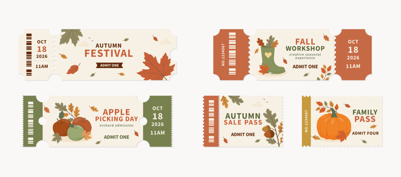 A collection of fall event tickets. A set of entrance tickets to festivals, workshops, harvest days, and sales with seasonal illustrations of leaves, pumpkins, and apples. Graphic design element.