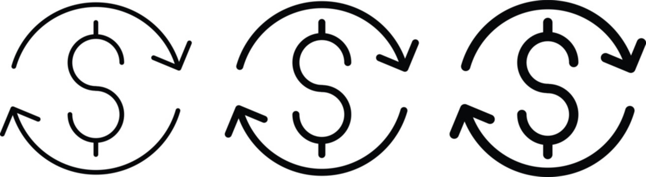 Money transfer icon set. Dollar refresh circular arrow exchange transaction symbol. Currency conversion refund cashback trade payment