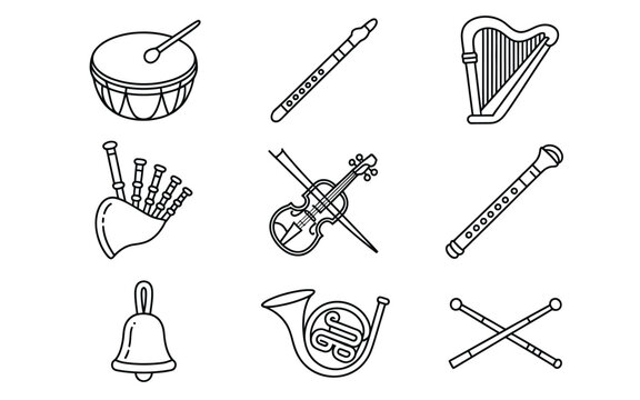 Musical instruments line icon set including drum, flute, harp, bagpipes, violin, bell, French horn, and drumsticks vector illustration design.