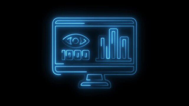 Glowing neon statistics display video analytics and performance on computer monitor