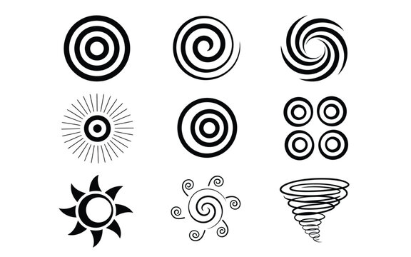 Abstract spiral circle symbol set featuring hypnotic swirl patterns, sunburst rays, vortex motion, tornado, and geometric round icons vector design.
