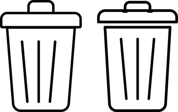 Trash bin icon set. Delete remove garbage container waste disposal symbol. Clean basket file purge organization. Line outline and stroke vector