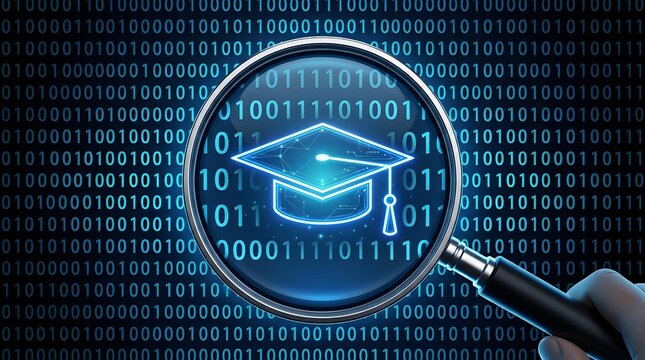 Hand holding magnifying glass over glowing graduation cap icon on binary code background for digital education