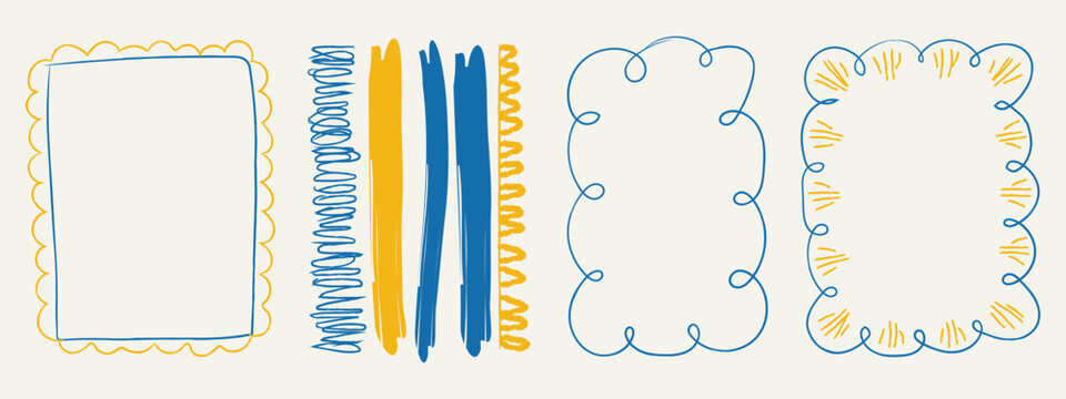 Hand drawn doodle wavy frames set vector illustration. Scalloped rectangle border, wavy edge line brush stroke collection for scrapbook cover and photo frame template.